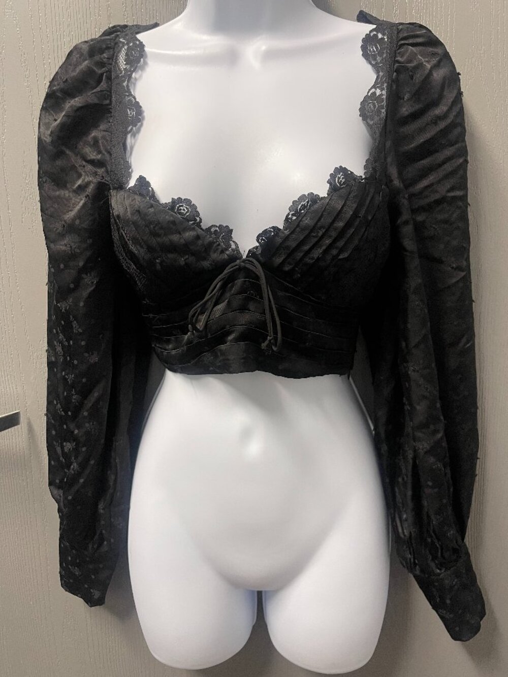 For Love & Lemons Liz Black Lace Swiss Dot Cropped Blouse XS